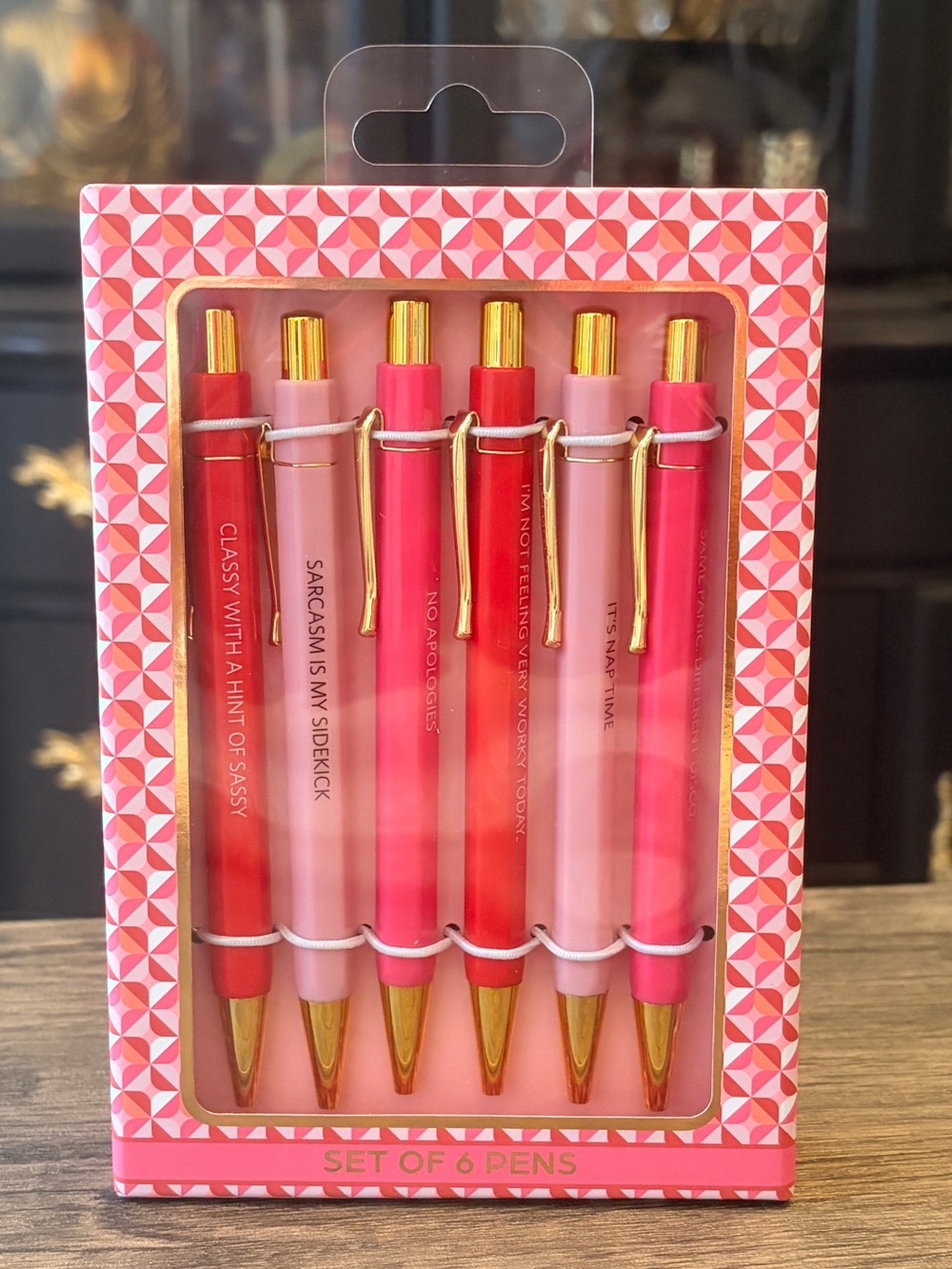 Pink Ballpoint Pens - Gold Trim with fun quotes - set of 6- NIB